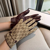 HORSEBIT GLOVES IN BEIGE MONOGRAM JACQUARD FABRIC MIX MERLOT RED SHEEPSKIN 456334