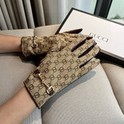 HORSEBIT GLOVES IN BEIGE MONOGRAM JACQUARD FABRIC MIX MERLOT RED SHEEPSKIN 456334