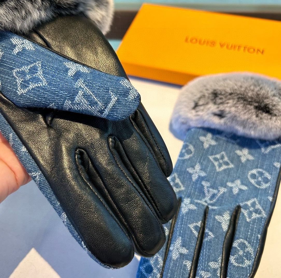 FINGERLESS GLOVES IN ELECTRIC BLUE MONOGRAM DENIM AND LAMBSKIN WITH RABBIT FUR 458591