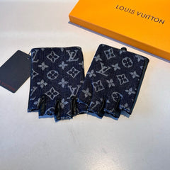 FINGERLESS GLOVES IN BLACK MONOGRAM DENIM AND LAMBSKIN 460108