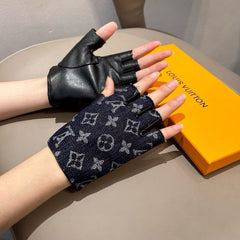 FINGERLESS GLOVES IN BLACK MONOGRAM DENIM AND LAMBSKIN 460108