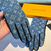 GLOVES IN ELECTRIC BLUE MONOGRAM DENIM AND BLACK LAMBSKIN 460110