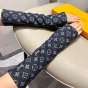 FINGERLESS LONG GLOVES IN BLACK MONOGRAM DENIM AND LAMBSKIN