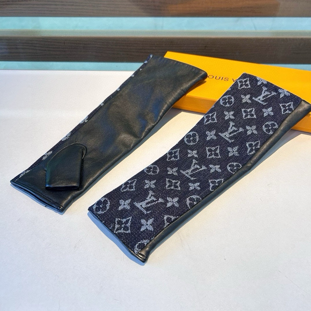 FINGERLESS LONG GLOVES IN BLACK MONOGRAM DENIM AND LAMBSKIN