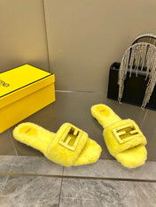 FENDI BAGUETTE SLIDE SLIPPERS IN BRIGHT YELLOW WOOL