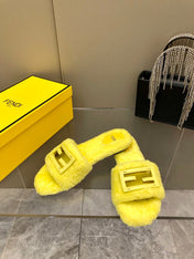 FENDI BAGUETTE SLIDE SLIPPERS IN BRIGHT YELLOW WOOL
