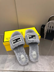 FENDI BAGUETTE SLIDE SLIPPERS IN GREY WOOL