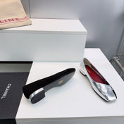 CHANEL 26S SQUARE-TOE FLATS IN SILVER LAMBSKIN AND BLACK SUEDE