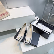 CHANEL 26S SQUARE-TOE HIGH HEELS 95 MM IN WHITE LAMBSKIN