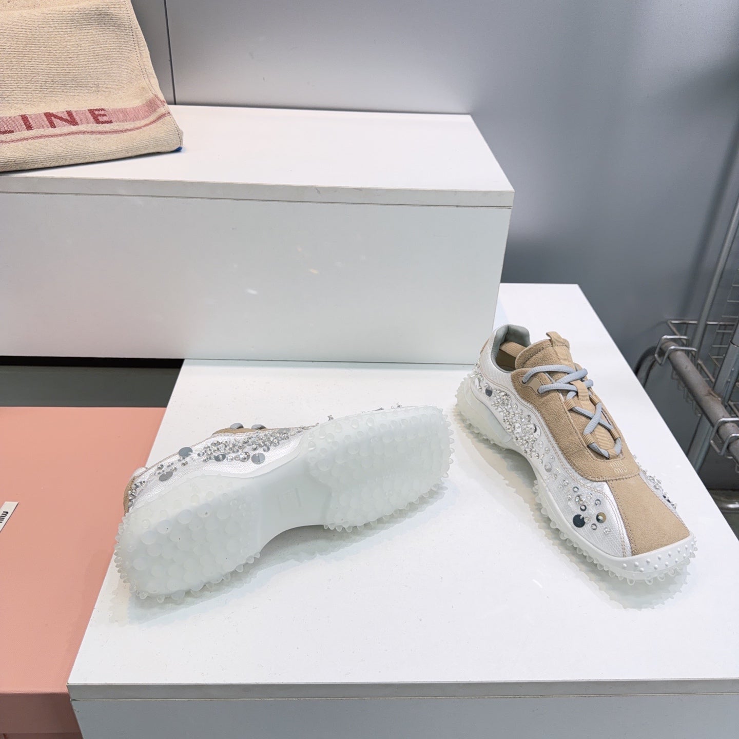 MIUMIU 26S SNEAKERS IN WHITE FABRIC AND BROWN SUEDE CRYSTAL EMBELLISHED