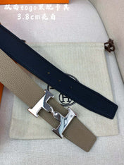 HM H BELT BUCKLE & REVERSIBLE CAMEL BROWN LEATHER STRAP 38MM SILVER HARDWARE