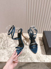 YSL 25S STRAPPY HIGH-HEEL SANDALS 100 MM IN MIDNIGHT BLUE SATIN