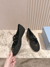 PRADA 25S CRYSTAL EMBELLISHED BALLERINA IN BLACK SUEDE