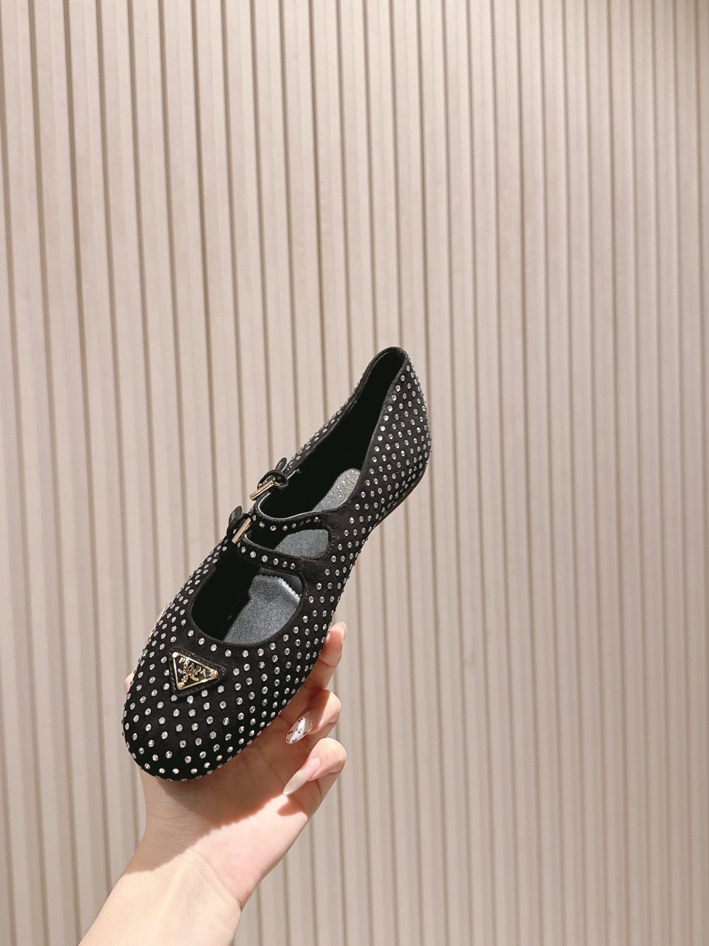 PRADA 25S CRYSTAL EMBELLISHED BALLERINA IN BLACK SUEDE