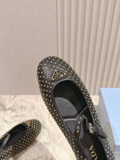 PRADA 25S STUD EMBELLISHED BALLERINA IN BLACK CALFSKIN
