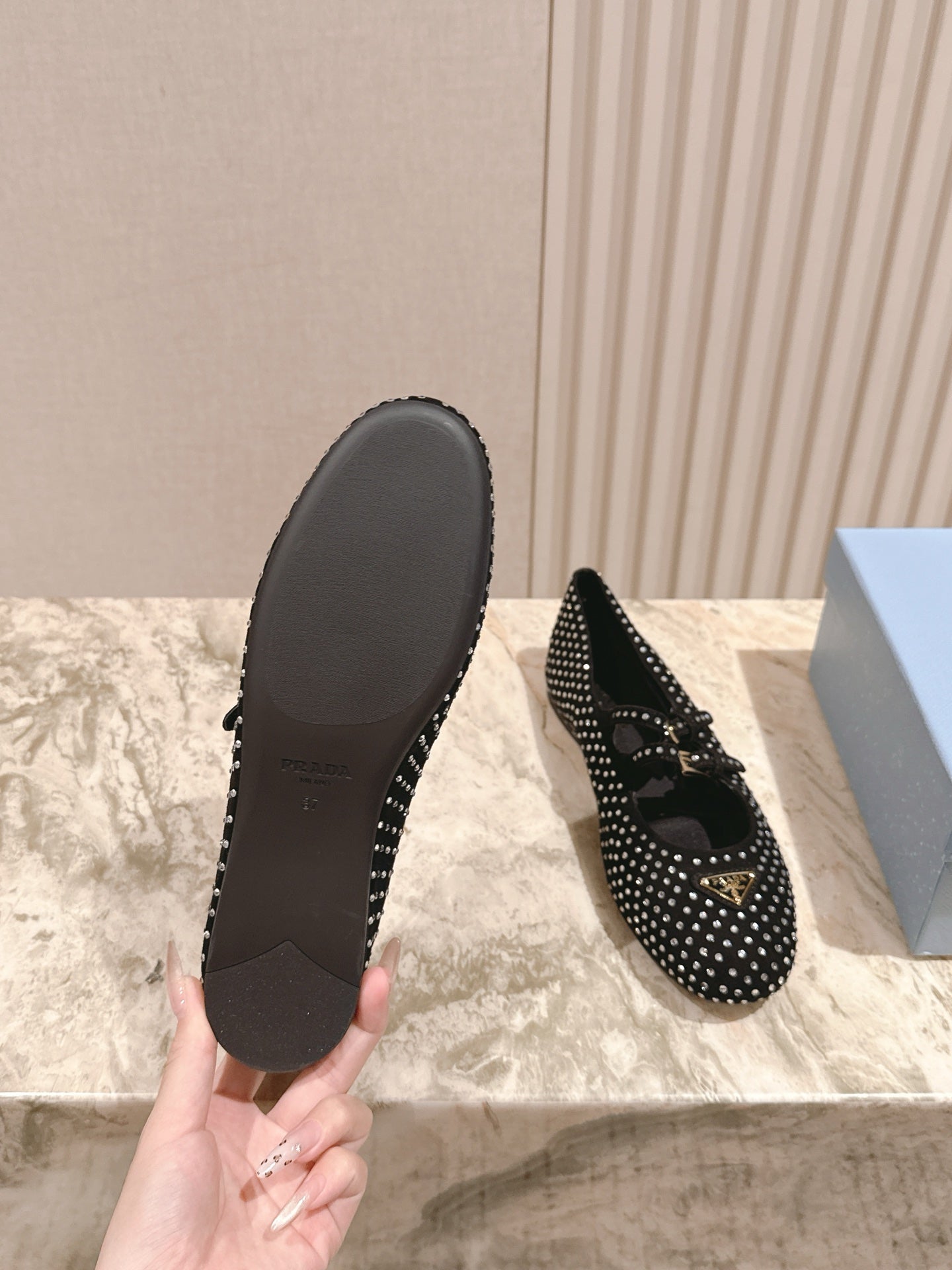 PRADA 25S CRYSTAL EMBELLISHED BALLERINA IN BLACK SUEDE