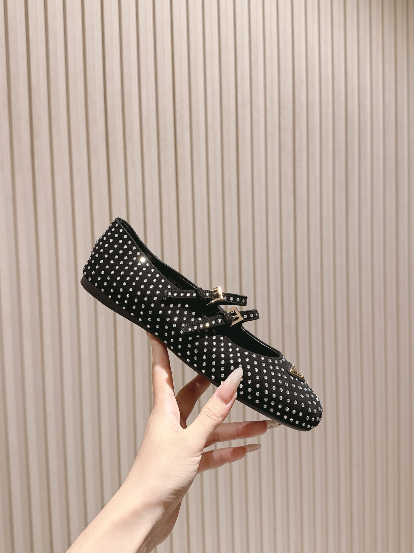 PRADA 25S CRYSTAL EMBELLISHED BALLERINA IN BLACK SUEDE