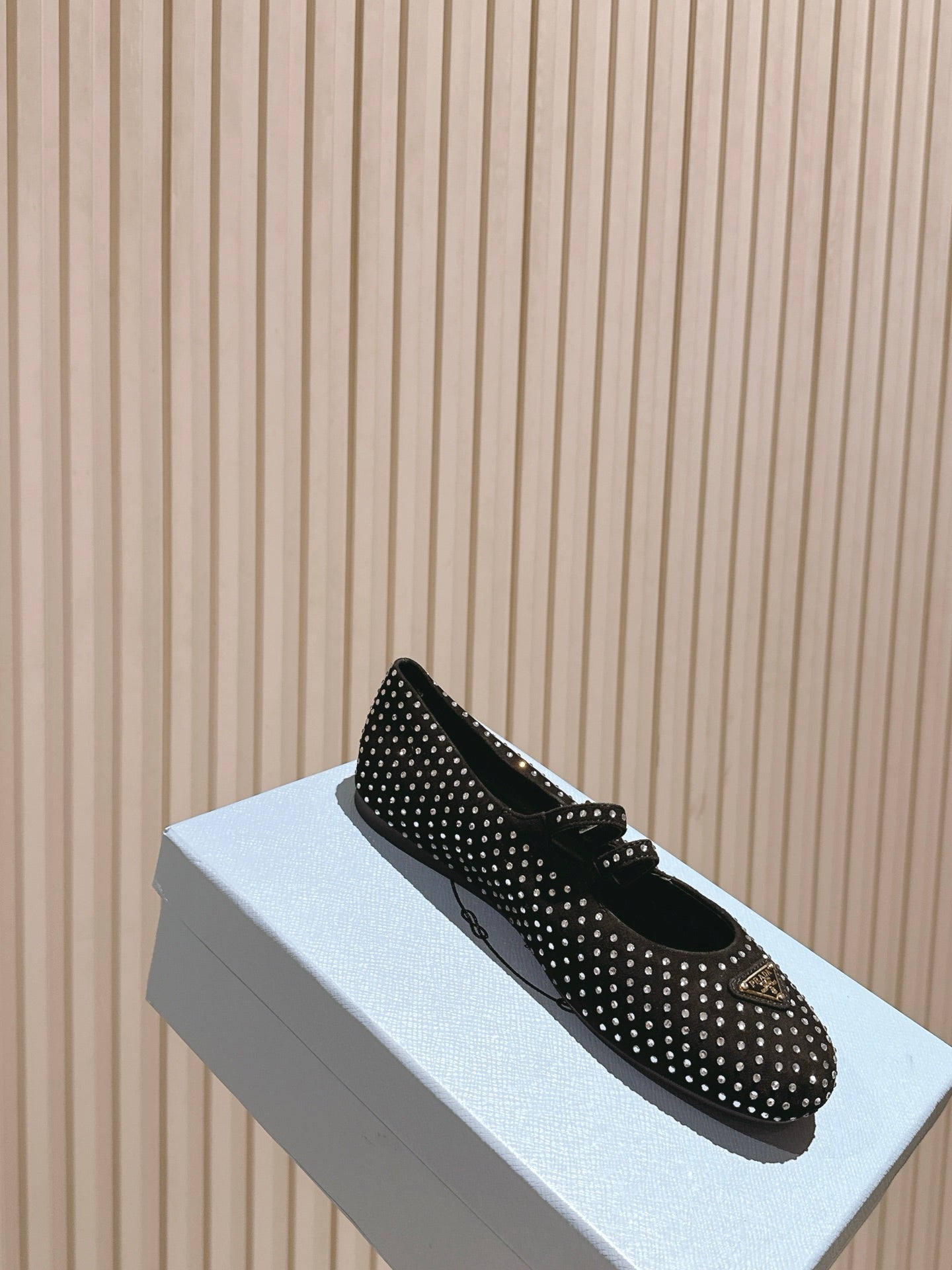 PRADA 25S CRYSTAL EMBELLISHED BALLERINA IN BLACK SUEDE