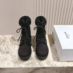 CELINE 25S KURT LACE UP MID BOOT IN BLACK FULL SUEDE AND SHEARLING