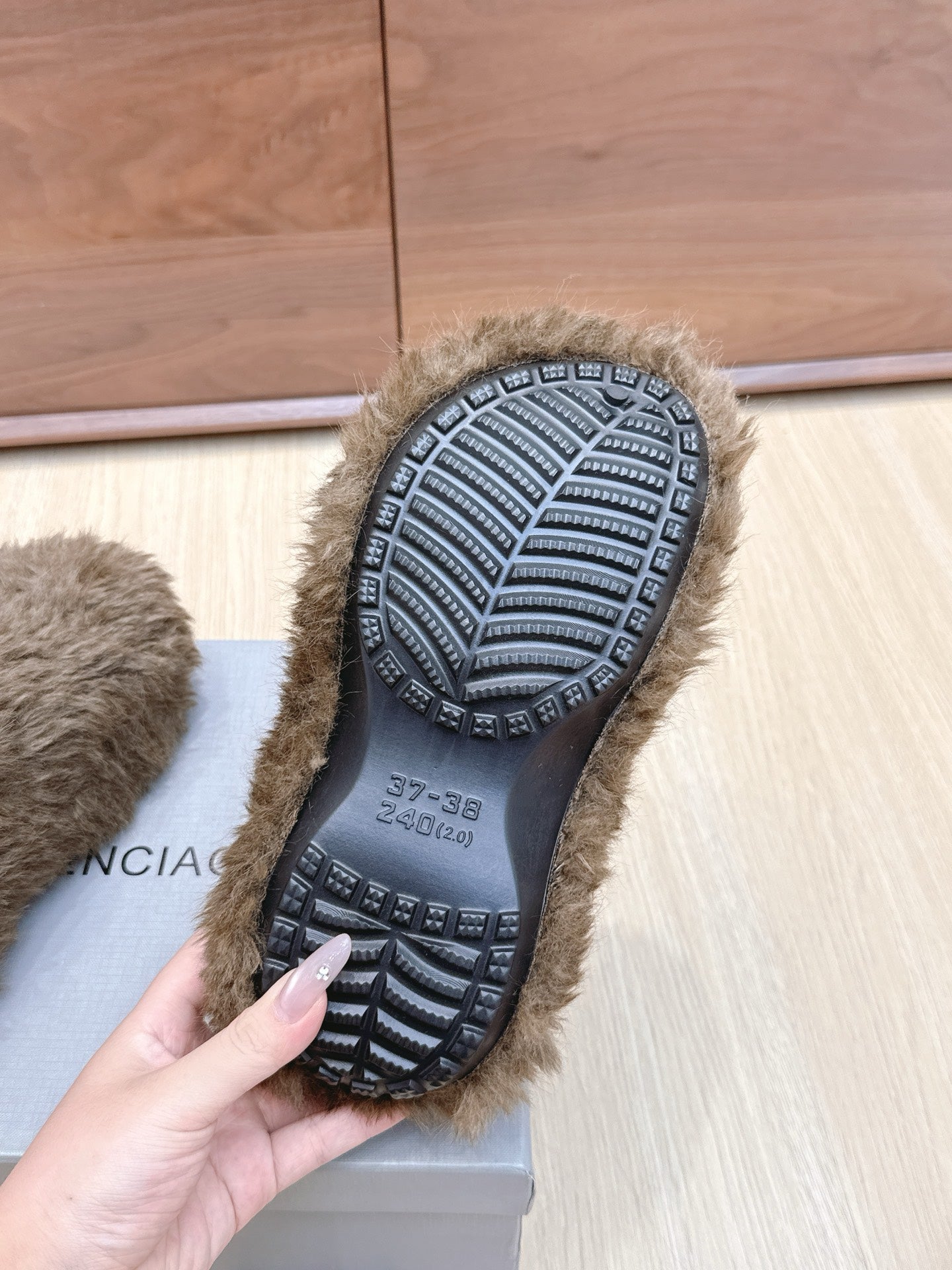BALENCIAGA 25S MULES IN BROWN FAUX FUR