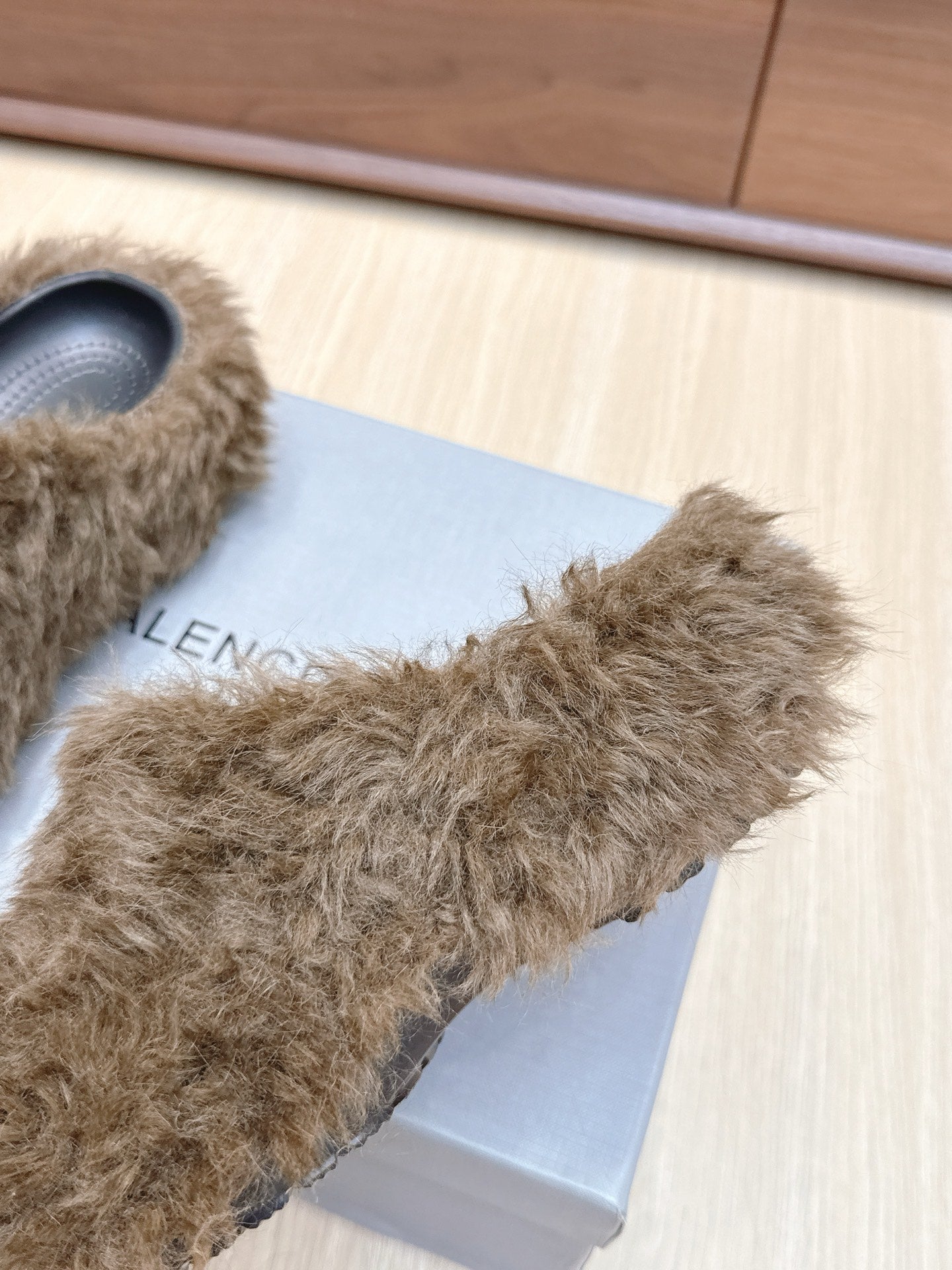 BALENCIAGA 25S MULES IN BROWN FAUX FUR