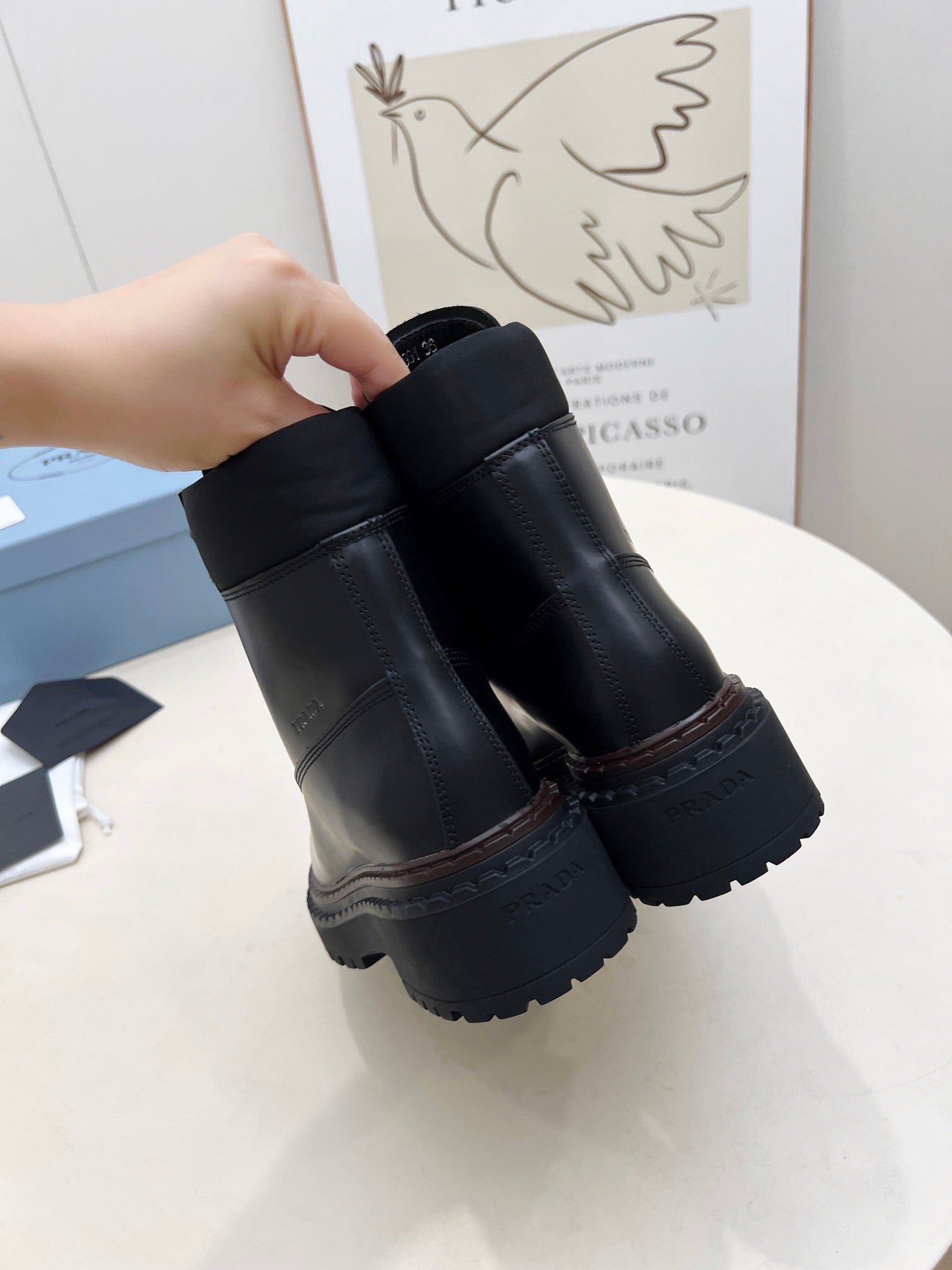 PRADA 25S LACE UP BOOTS BLACK GLOSSY CALFSKIN