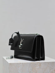 YSL 25S SUNSET MEDIUM 22 IN BLACK SHINY CALFSKIN SILVER HARDWRE
