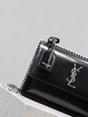 YSL 25S SUNSET MEDIUM 22 IN BLACK SHINY CALFSKIN SILVER HARDWARE