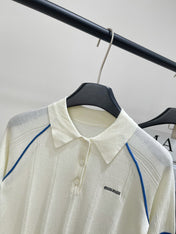 MIUMIU SHORT-SLEEVE RAGLAN POLO SHIRT IN BLUE AND WHITE 267966