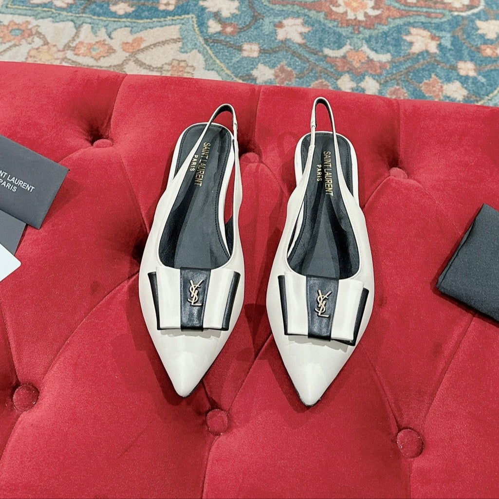 CASSANDRA SLINGBACK FLAT IN WHITE MIX BLACK SMOOTH LAMBSKIN