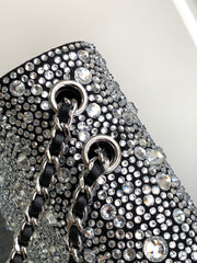 CC MINI 20 FLAP BAG IN SILVER SATIN RHINSTONES EMBELLISHED