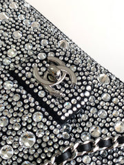 CC MINI 20 FLAP BAG IN SILVER SATIN RHINSTONES EMBELLISHED
