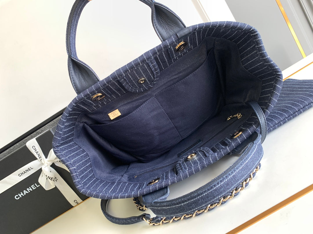CHANEL 25S TOTE BAG 32 CM IN NAVY BLUE CANVAS