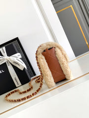 CHANEL 25S FLAP BAG 18 CM IN BEIGE WOOL AND BROWN LAMBSKIN