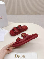 DIOR CLASSIC DOUBLE-STRAP SLIDES 25S IN DARK RED CALFSKIN