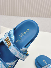DIOR CLASSIC DOUBLE-STRAP SLIDES 25S IN OCEAN BLUE FABRIC AND CALFSKIN