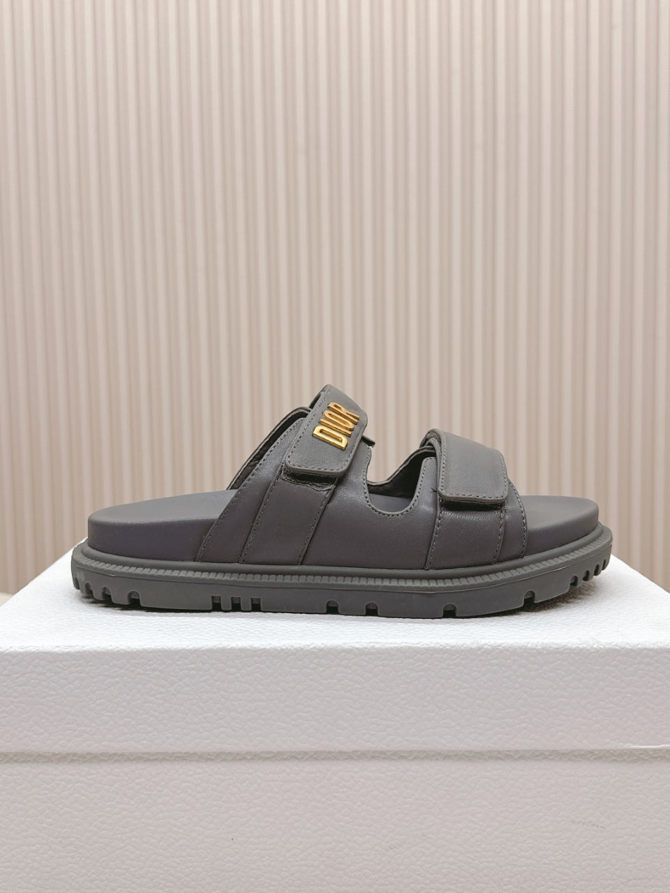 DIOR CLASSIC DOUBLE-STRAP SLIDES 25S IN ASH GRAY CALFSKIN