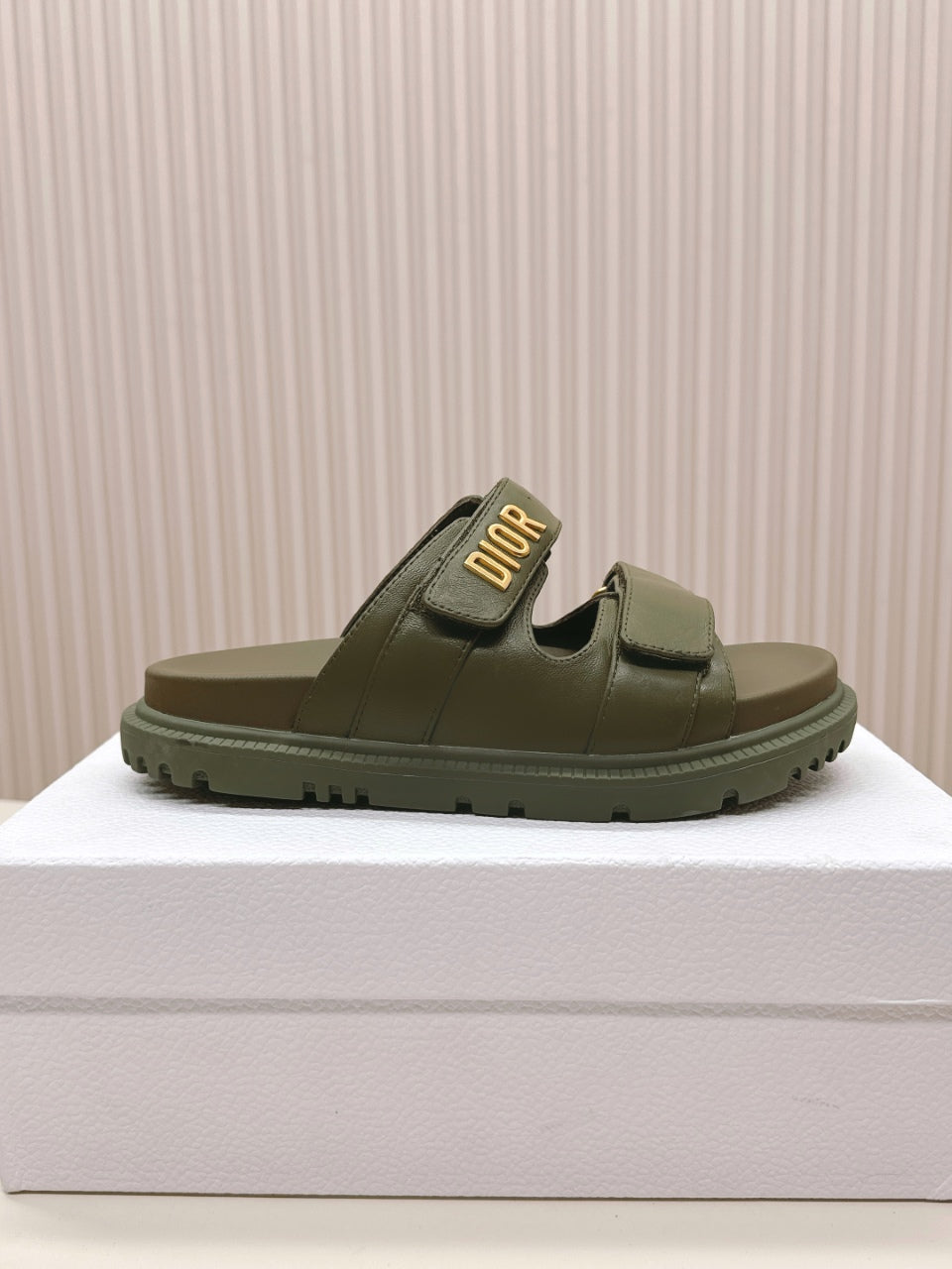 DIOR CLASSIC DOUBLE-STRAP SLIDES 25S IN MOSS GREEN CALFSKIN