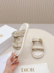 DIOR CLASSIC DOUBLE-STRAP SLIDES 25S IN WHITE MIX BEIGE FABRIC AND CALFSKIN