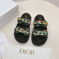 DIOR CLASSIC DOUBLE-STRAP SLIDES 25S IN MULTICOLOR FABRIC AND CALFSKIN