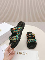 DIOR CLASSIC DOUBLE-STRAP SLIDES 25S IN MULTICOLOR FABRIC AND CALFSKIN