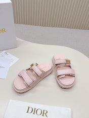 DIOR CLASSIC DOUBLE-STRAP SLIDES 25S IN PASTEL PINK CALFSKIN WITH GOLD HARDWARE