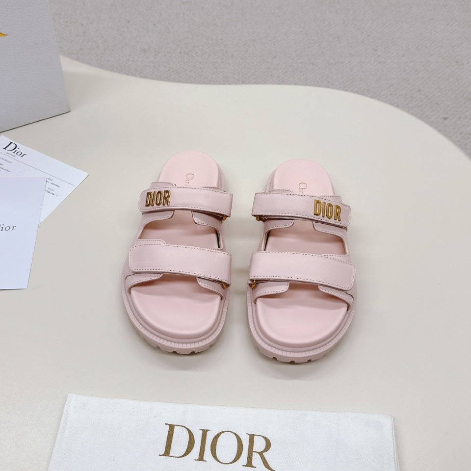 DIOR CLASSIC DOUBLE-STRAP SLIDES 25S IN PASTEL PINK CALFSKIN WITH GOLD HARDWARE