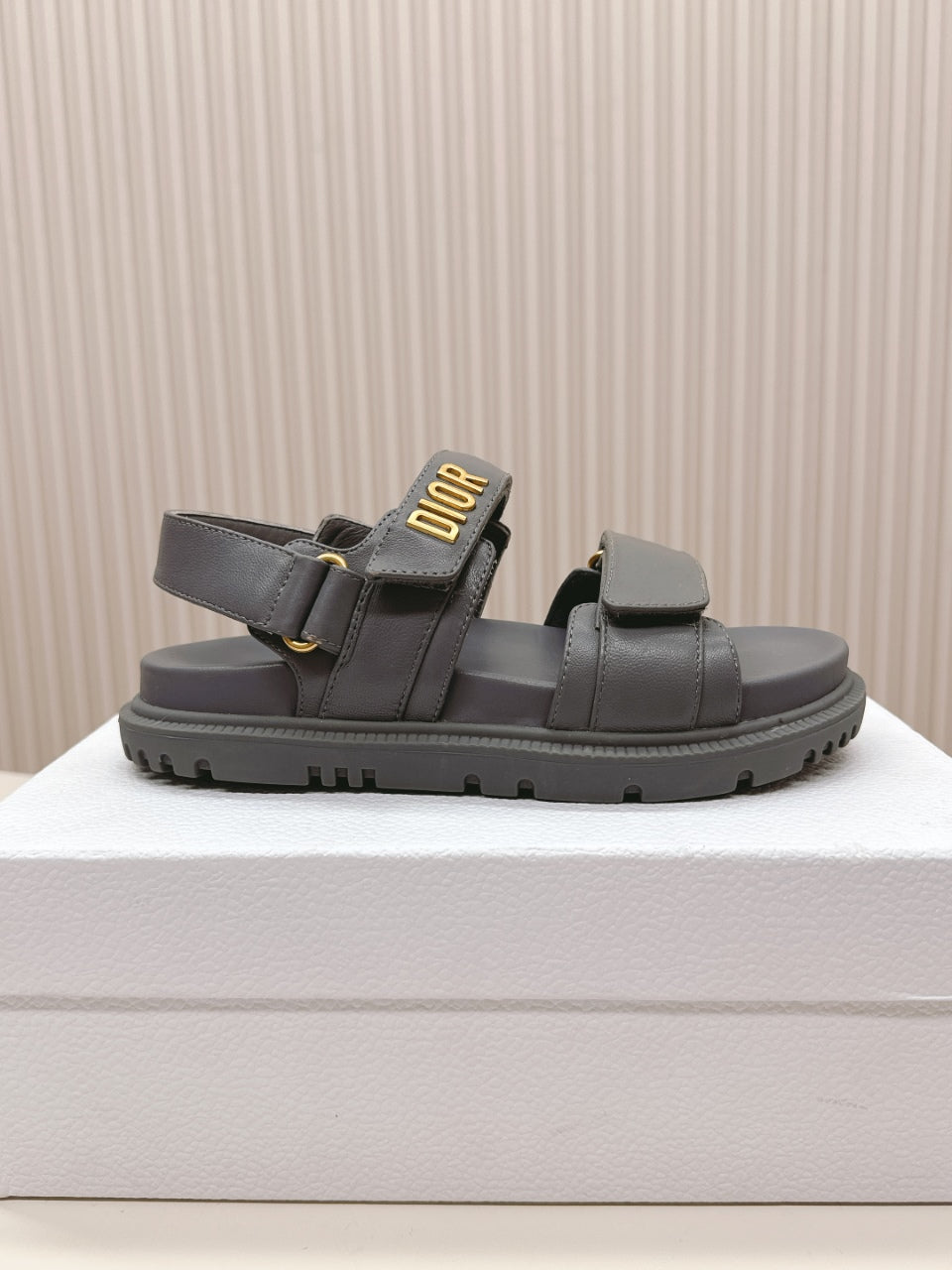 DIOR BACK-STRAP SANDALS 25S IN ASH GRAY CALFSKIN WITH GOLD HARDWARE