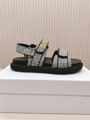 DIOR BACK-STRAP SANDALS 25S IN GREY FABRIC AND BLACK CALFSKIN WITH GOLD HARDWARE