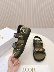 DIOR BACK-STRAP SANDALS 25S IN MOSS GREEN CALFSKIN EMBROIDERED WITH PETITES FLEURS