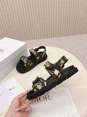 DIOR BACK-STRAP SANDALS 25S IN MOSS GREEN AND BLACK CALFSKIN EMBROIDERED WITH PETITES FLEURS