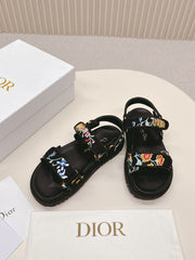 DIOR BACK-STRAP SANDALS 25S IN BLACK CALFSKIN EMBROIDERED WITH PETITES FLEURS
