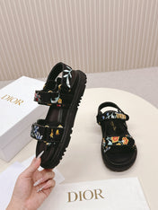 DIOR BACK-STRAP SANDALS 25S IN BLACK CALFSKIN EMBROIDERED WITH PETITES FLEURS