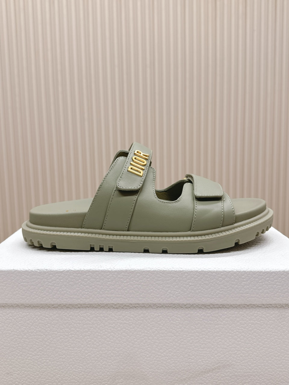 DIOR CLASSIC DOUBLE-STRAP SLIDES 25S IN LIGHT MOSS GREEN CALFSKIN